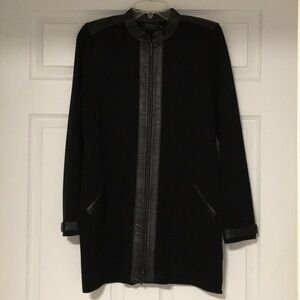 Dana Buchman Black Front zip sweater jacket with Leather Trim 31 “ long